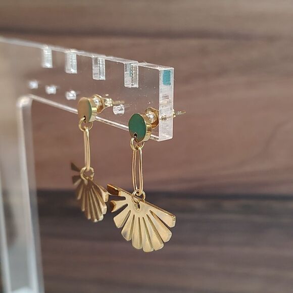 Gold Fan Drop Pierced Earrings - Picture 3 of 8